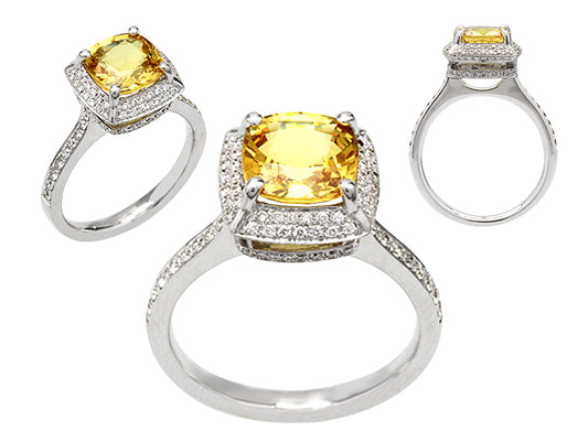 Yellow Sapphire Cushion And Pave Diamond Ring In 18k White Gold (1/2 Ct. Tw.)
