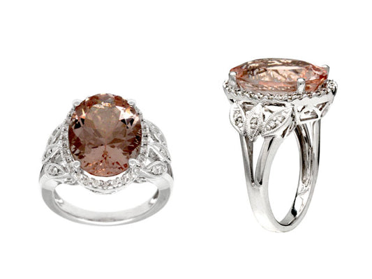 Morganite And Diamond Oval Halo Open Leaf Shank Cocktail Ring In 14k White Gold (size 5)