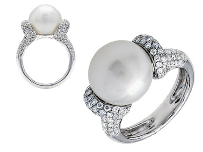 Black South Sea Pearl And Diamond Pave Ring In 14k White Gold (11.50mm)