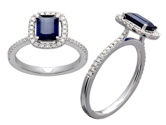 Emerald Cut Sapphire And Micropave Diamond Halo Ring In 14k White Gold