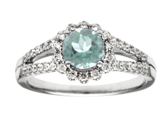 Aquamarine And Diamond Split Shank Flower Ring In 14k White Gold