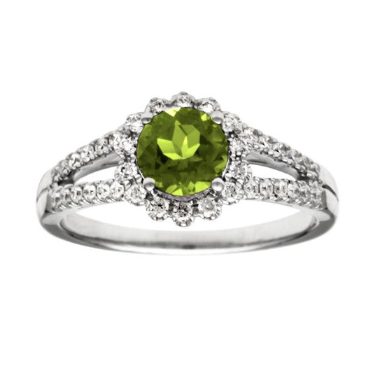 Peridot And Diamond Split Shank Flower Ring In 14k White Gold