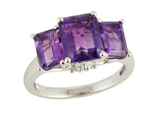 Amethyst And Diamond Emerald Cut 3 Stone Ring In 14k White Gold