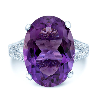 Amethyst And Diamond Bold Split Shank Ring In 14k White Gold (18x13mm Oval Center)