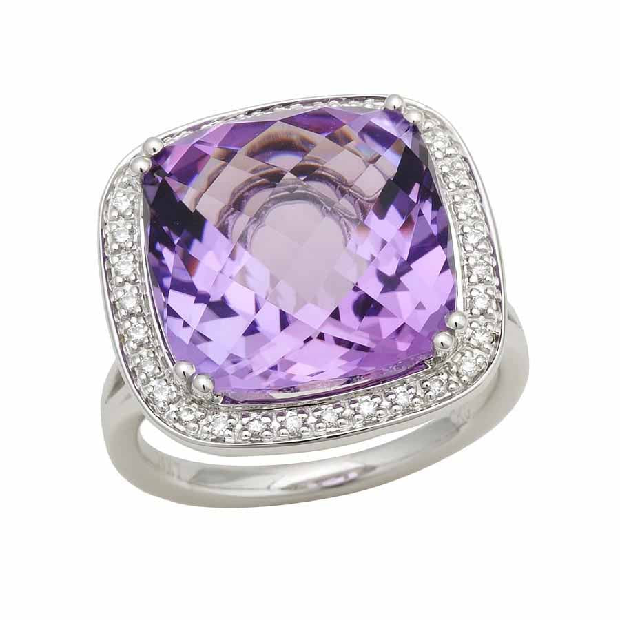 Large Amethyst Halo Diamond Ring In 14k White Gold