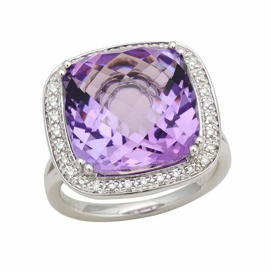 Large Amethyst Halo Diamond Ring In 14k White Gold
