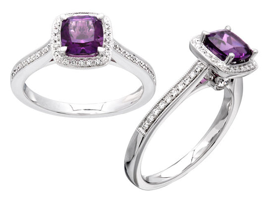 Amethyst & Diamond Halo Ring In 14k White Gold 0.20ctw