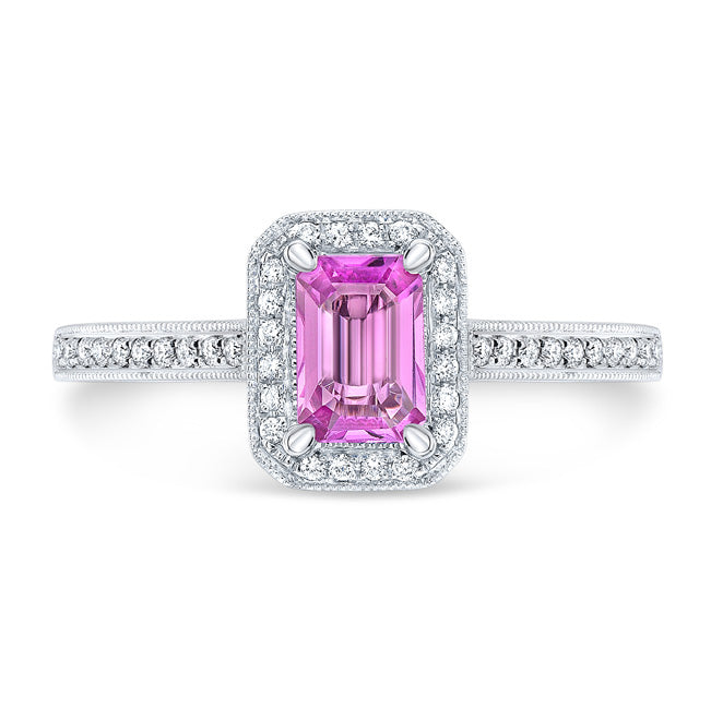 Pink Sapphire and Diamond Halo Ring in 14k White Gold 1/6ctw