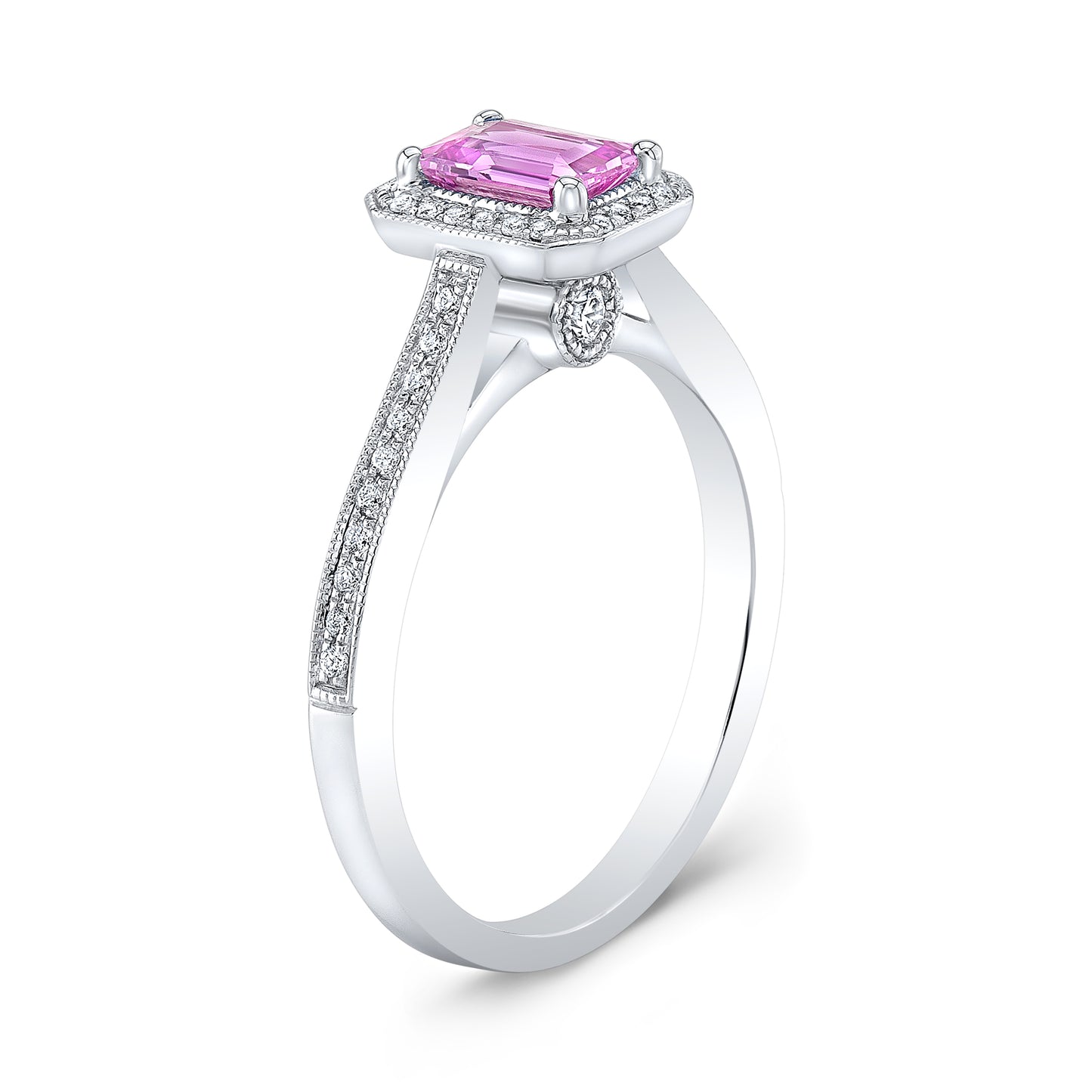 Pink Sapphire and Diamond Halo Ring in 14k White Gold 1/6ctw