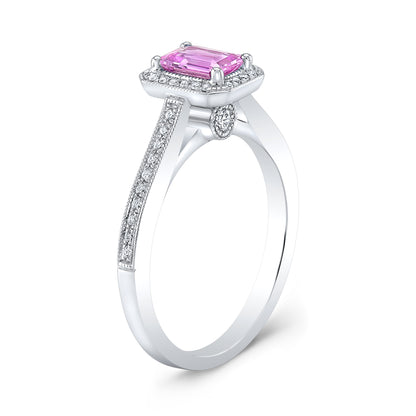 Pink Sapphire and Diamond Halo Ring in 14k White Gold 1/6ctw