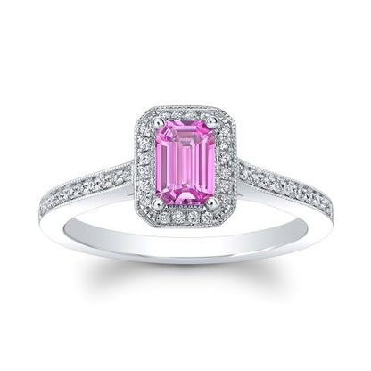 Pink Sapphire and Diamond Halo Ring in 14k White Gold 1/6ctw