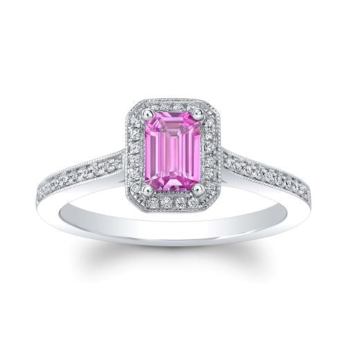 Pink Sapphire and Diamond Halo Ring in 14k White Gold 1/6ctw