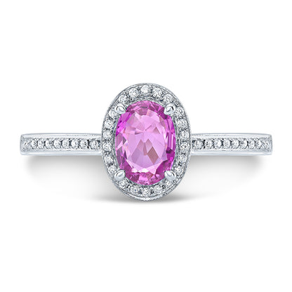 Pink Sapphire And Diamond Oval Halo Ring In 14k White Gold (7x5mm)