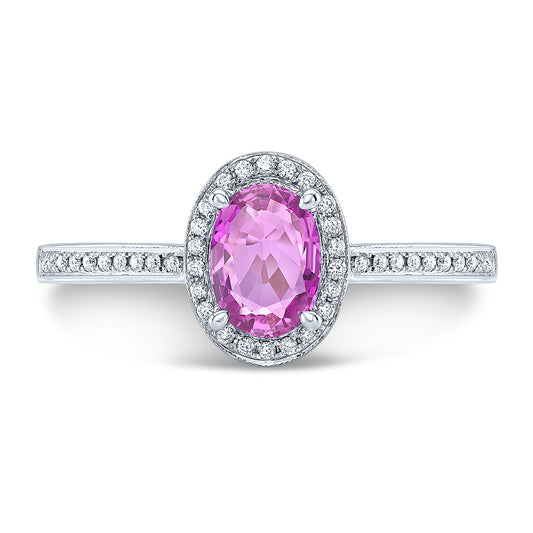 Pink Sapphire And Diamond Oval Halo Ring In 14k White Gold (7x5mm)