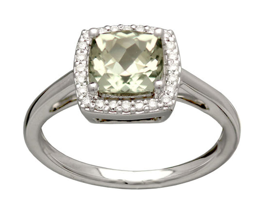 Green Quartz And Diamond Halo Ring  In 14k White Gold
