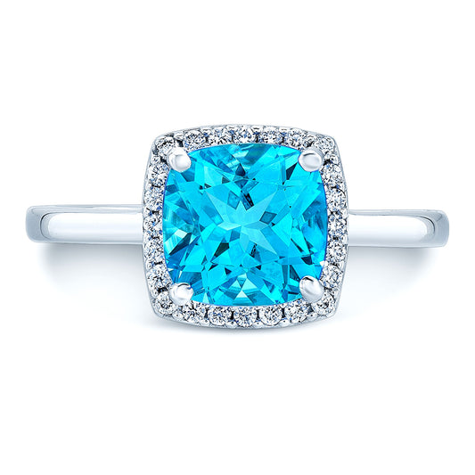 Blue Topaz And Diamond Cushion Halo Slim Shank Ring In 14k White Gold