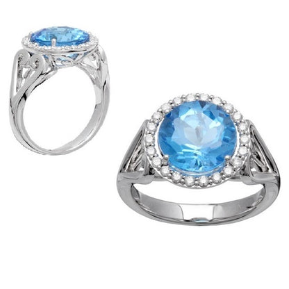 Blue Topaz And Diamond Halo Ring In 14k White Gold