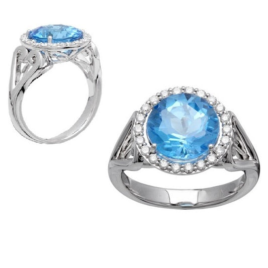 Blue Topaz And Diamond Halo Ring In 14k White Gold