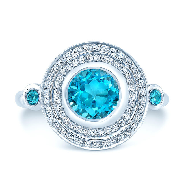 Blue Topaz And Diamond Circle Bezel Ring In 14k White Gold