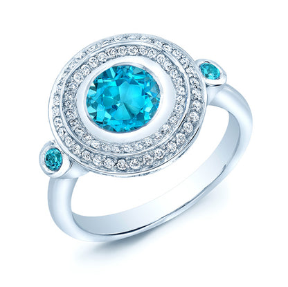Blue Topaz And Diamond Circle Bezel Ring In 14k White Gold