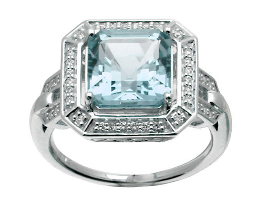Asscher Cut Blue Topaz & Diamond Art Deco Halo Ring In 14k White Gold