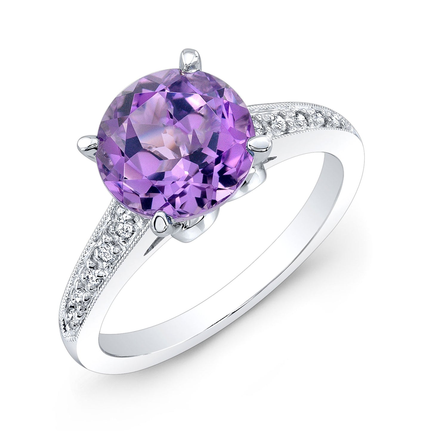 Amethyst Solitaire And Diamond Ring In 14k White Gold