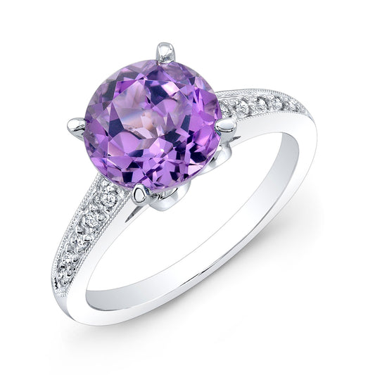 Amethyst Solitaire And Diamond Ring In 14k White Gold