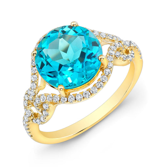 Swiss Blue Topaz And Diamond Double Knot Twist Ring In 14k Yellow Gold
