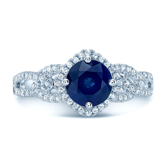 Round Blue Sapphire And Diamond Twisted Halo Ring In 14k White Gold (6.5mm)