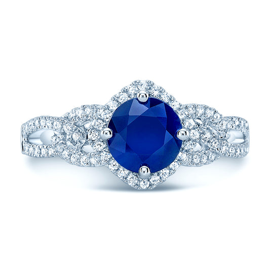 Round Blue Sapphire And Diamond Twisted Halo Ring In 14k White Gold ( Hi/si) (6.5mm)