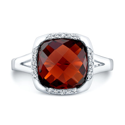 Garnet And Diamond Cushion Bezel Split Shank Ring In 14k White Gold