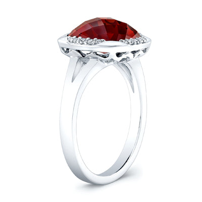 Garnet And Diamond Cushion Bezel Split Shank Ring In 14k White Gold