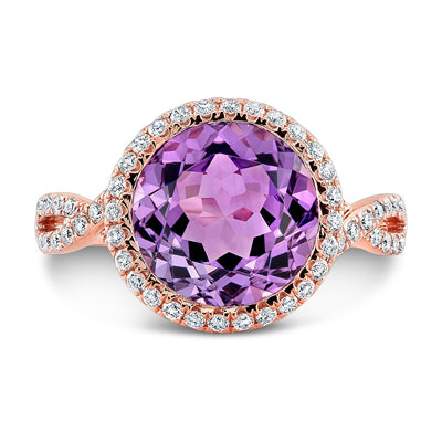 Amethyst & Diamond Round Halo Ring With Infinity Shank In 14k Rose Gold (10mm)