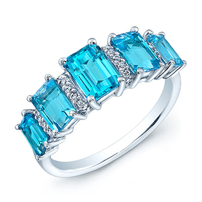 Swiss Blue Topaz 5 Stone & Diamond Emerald Cut Ring In 18k White Gold