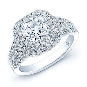 Semi Mount Double Halo Cushion Cut Engagement Ring In 18 Karat White Gold