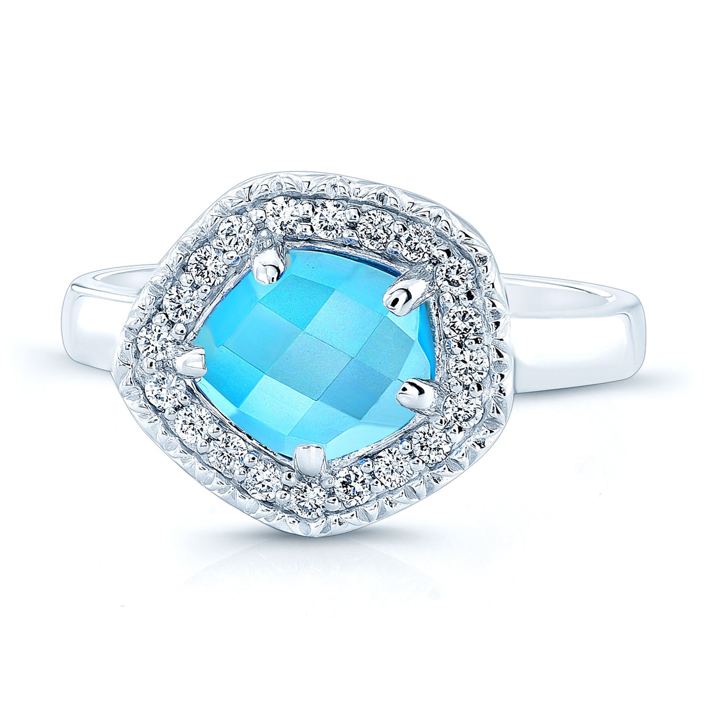 Swiss Blue Topaz And Diamond Fancy Cut Checkerboard Ring In 14k White Gold (si)