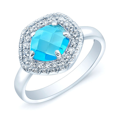 Swiss Blue Topaz And Diamond Fancy Cut Checkerboard Ring In 14k White Gold (si)