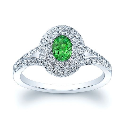 Tsavorite And Diamond Double Halo Ring In 14k White Gold