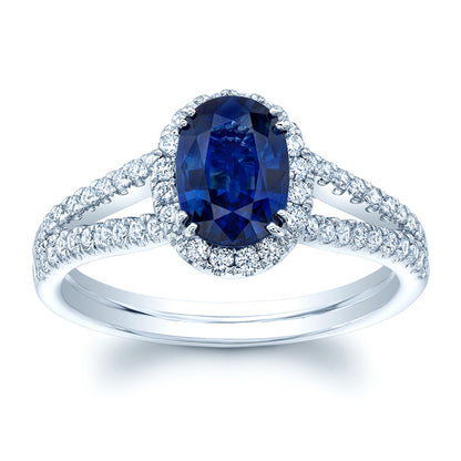 Sapphire Oval 8x6mm And Diamond Halo 14k White Gold