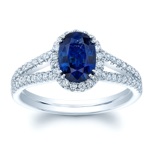 Sapphire Oval 8x6mm And Diamond Halo 14k White Gold