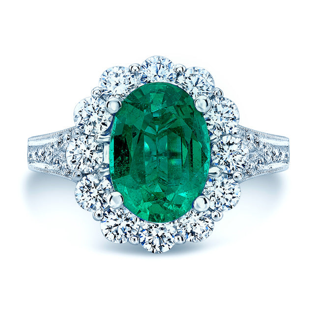 Emerald Oval And Diamond Halo Ring In 14k White Gold