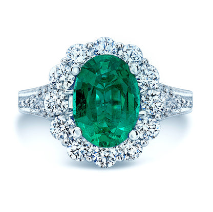 Emerald Oval And Diamond Halo Ring In 14k White Gold