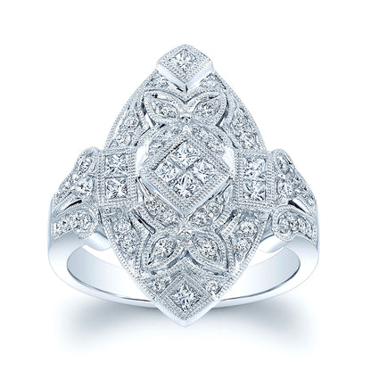 Diamond Antique Finish Art Deco Marquise Shape Ring In 14k White Gold