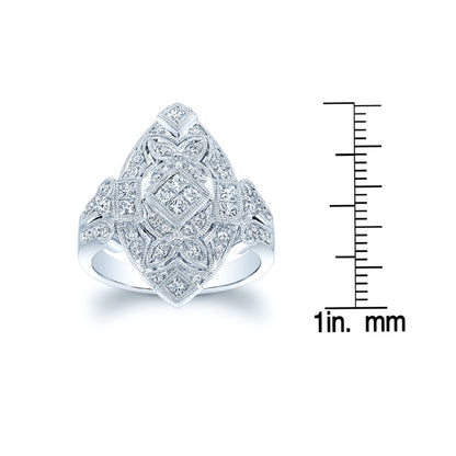 Diamond Antique Finish Art Deco Marquise Shape Ring In 14k White Gold