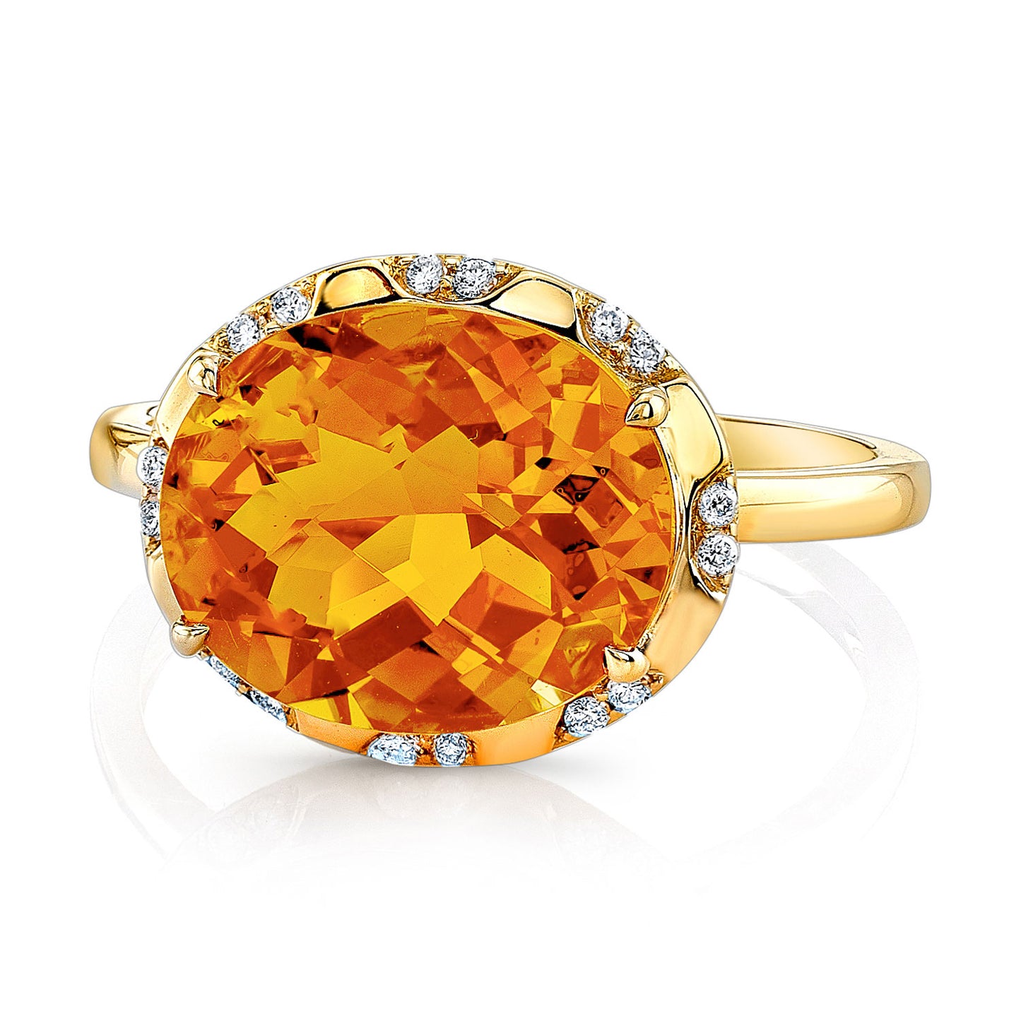 Citrine Checkerboard Oval And Diamond Ring In 14k Yellow Gold