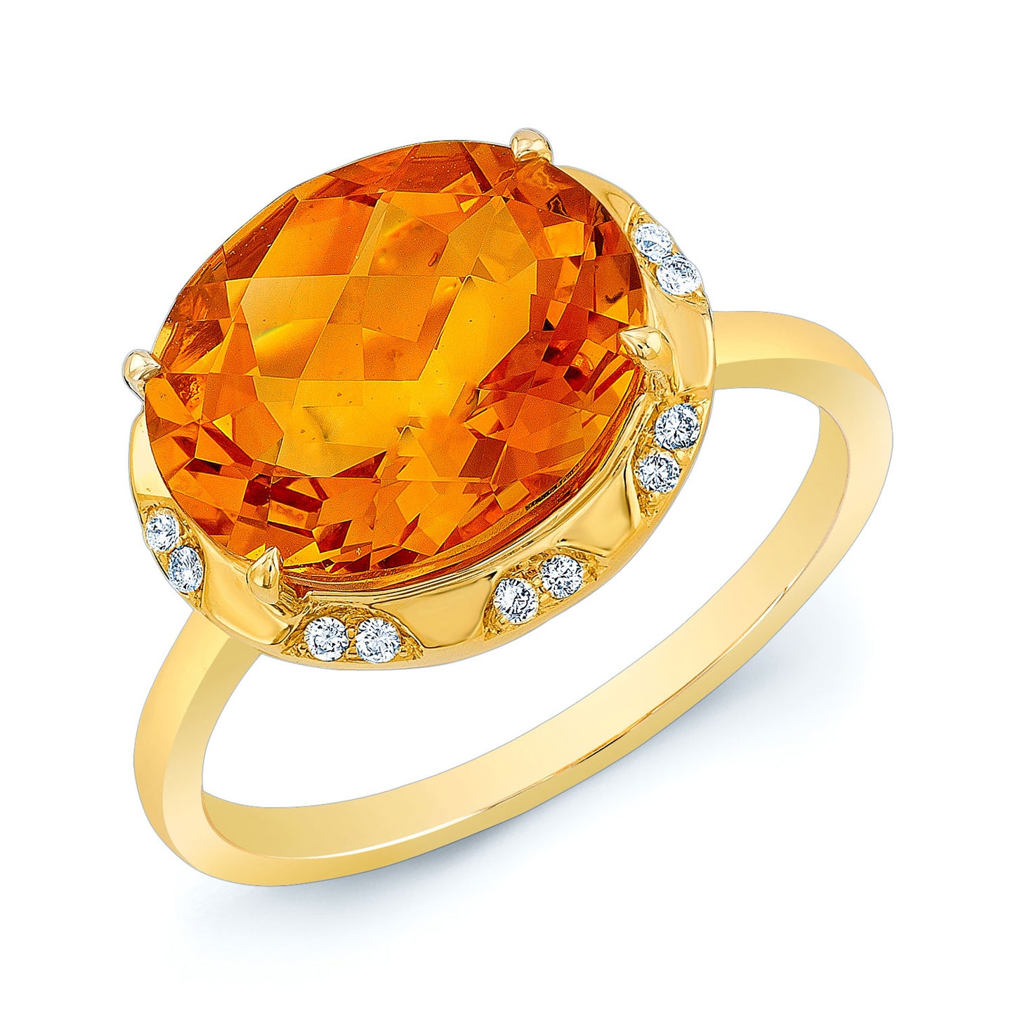 Citrine Checkerboard Oval And Diamond Ring In 14k Yellow Gold