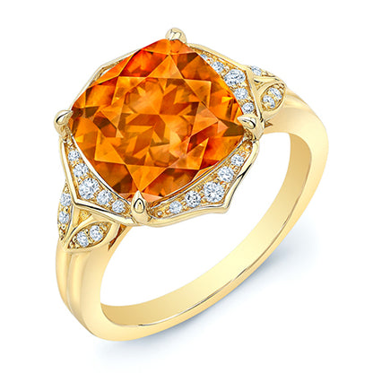 Citrine Cushion And Diamond Ring In 14k Yellow Gold