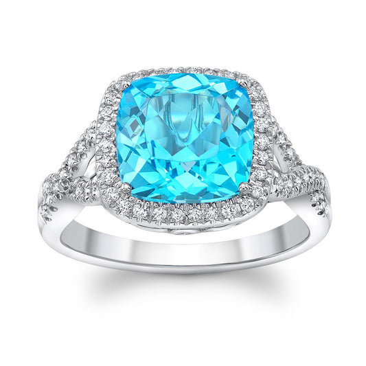 Blue Topaz 9mm Cushion & Diamond Ring In 14k White Gold