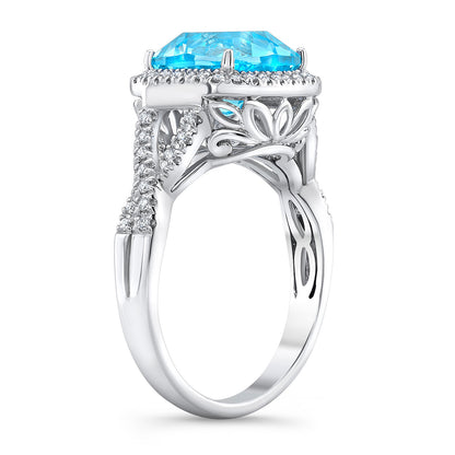 Blue Topaz 9mm Cushion & Diamond Ring In 14k White Gold