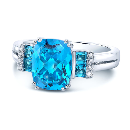 Blue Topaz 10x8 Cushion And Diamond Split Shank Ring 14k White Gold